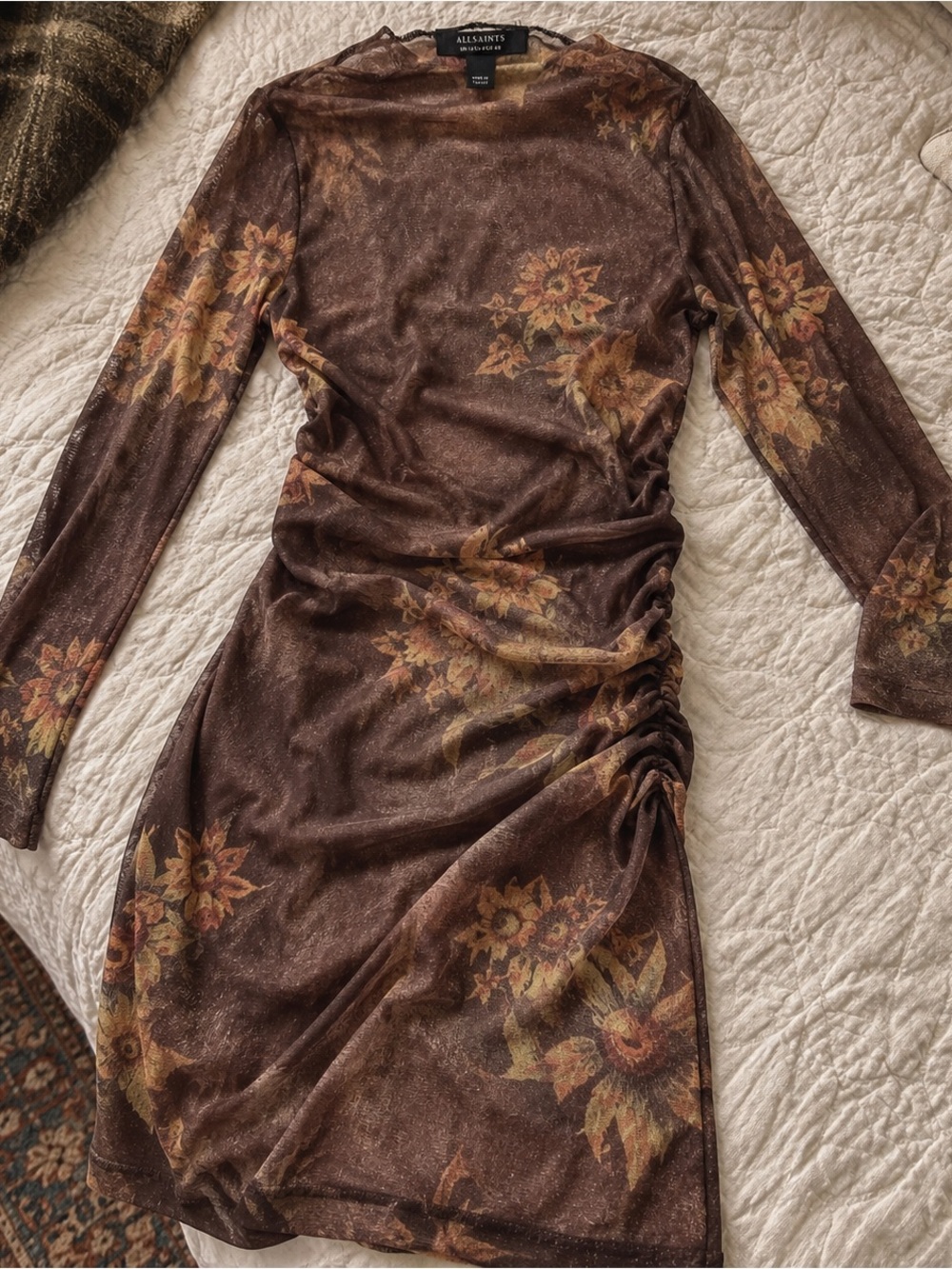 AllSaints Brown Floral Sheer Mesh Ruched Midi Dress UK 12 US 8 - Picture 2 of 10
